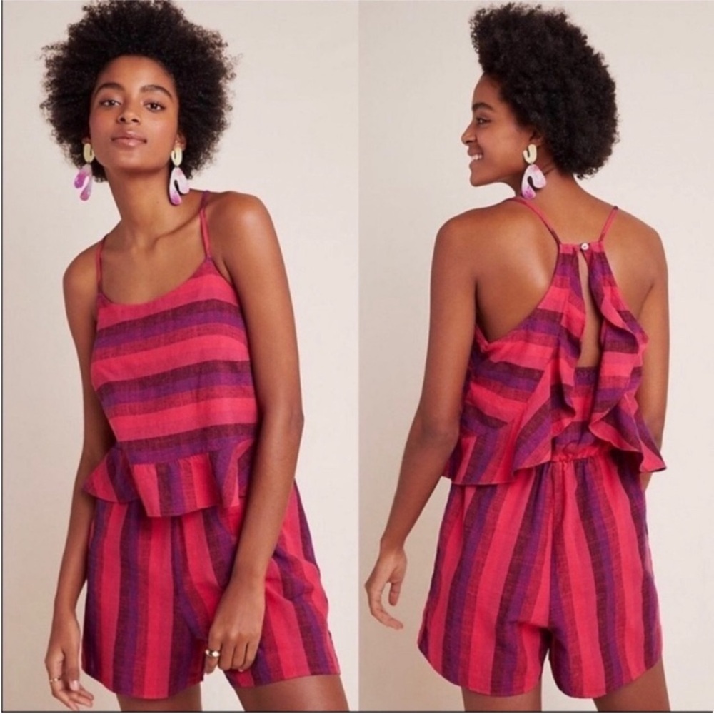 Anthropologie Pink and Purple Striped Ruffle Romper